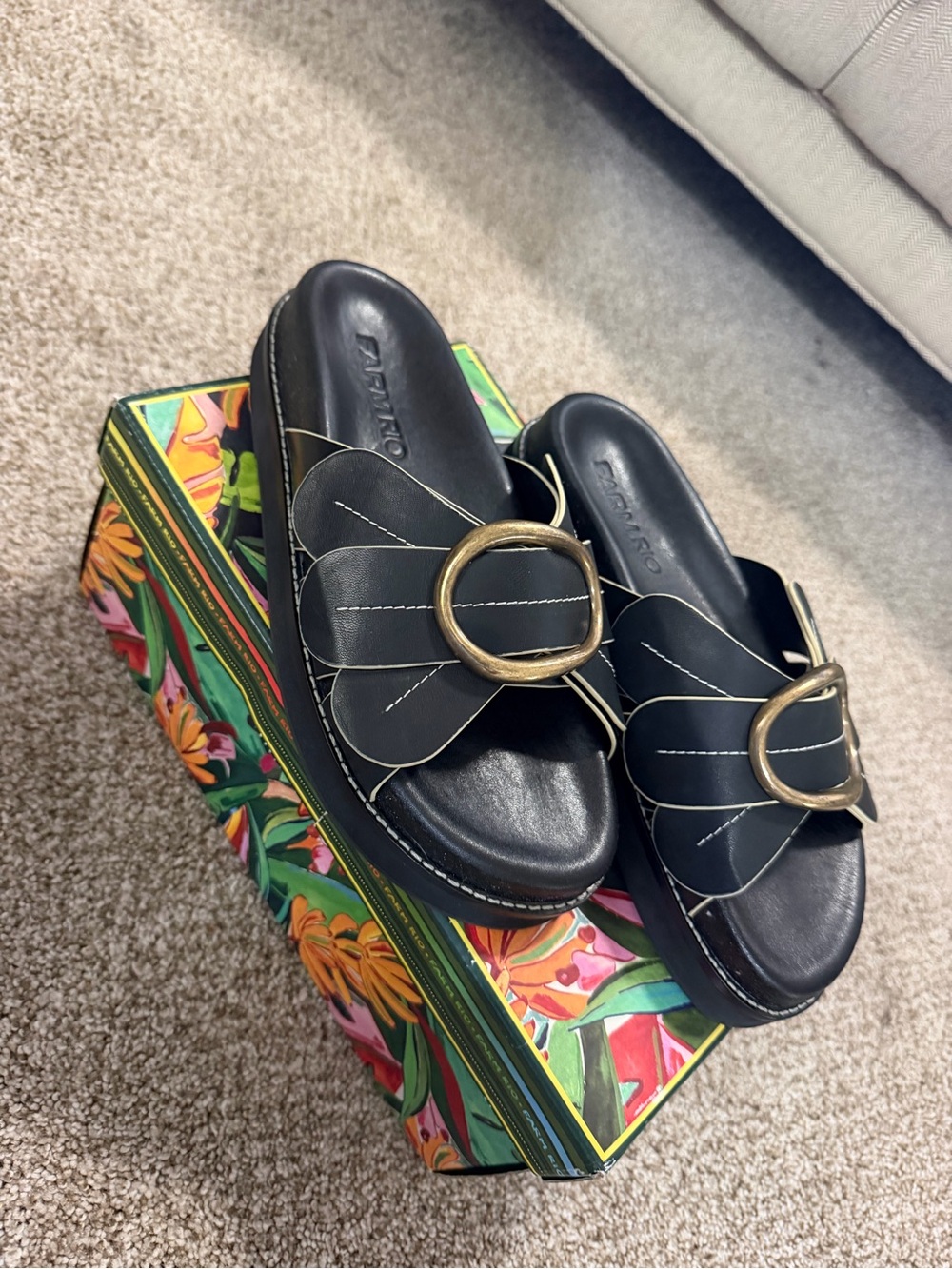 FARM Rio Black Slide Sandals with Antique-Gold Buckles